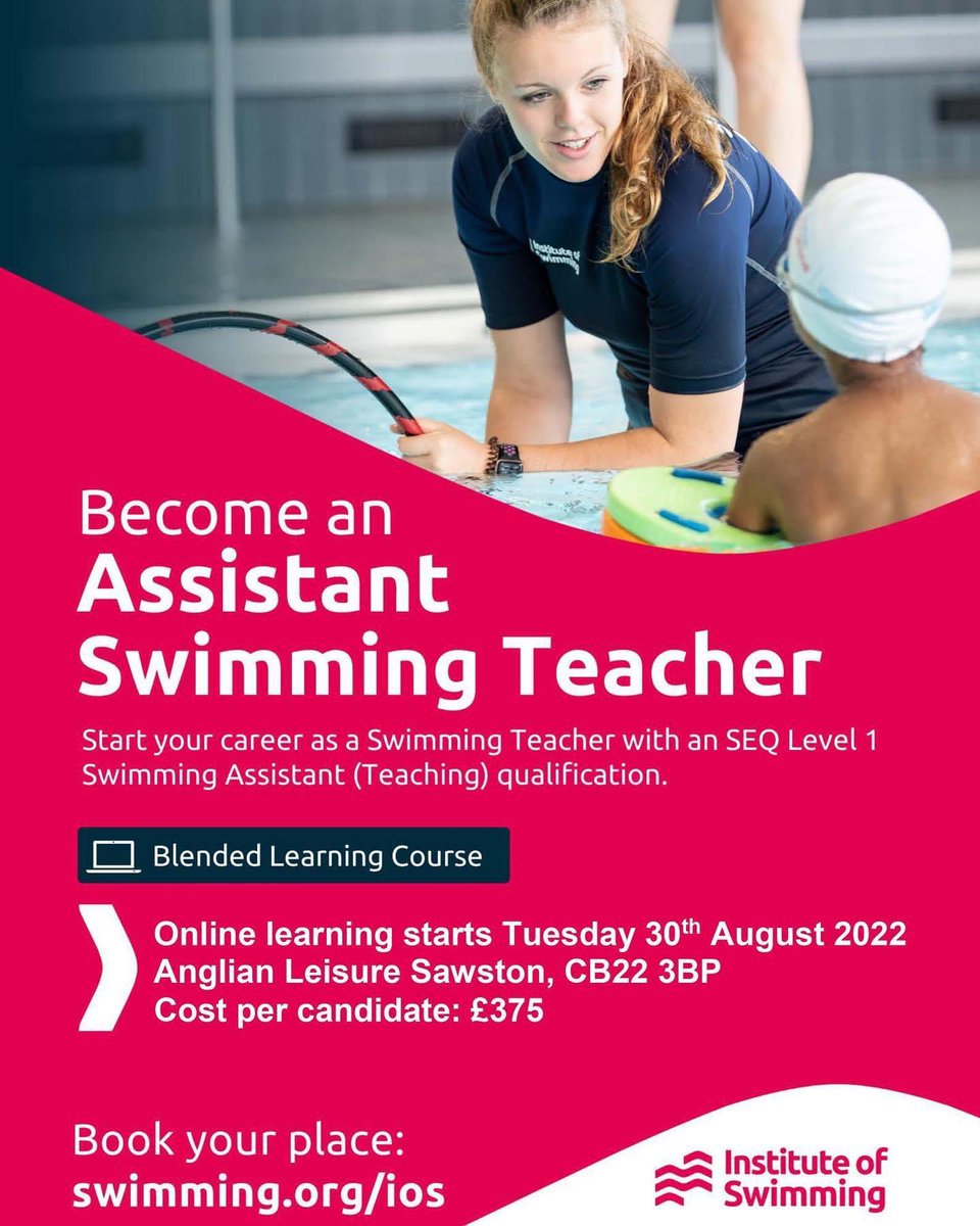 ✨ Become an Assistant Swimming Teacher✨ @al_sawston 

Perfect way to start your career as a Swimming Teacher.
To book visit swimming.org/ios 

#fitterhealthierhappier #anglianleisure #anglianleisuresawston #instituteofswimming #swimming #assistantswimmingteacher