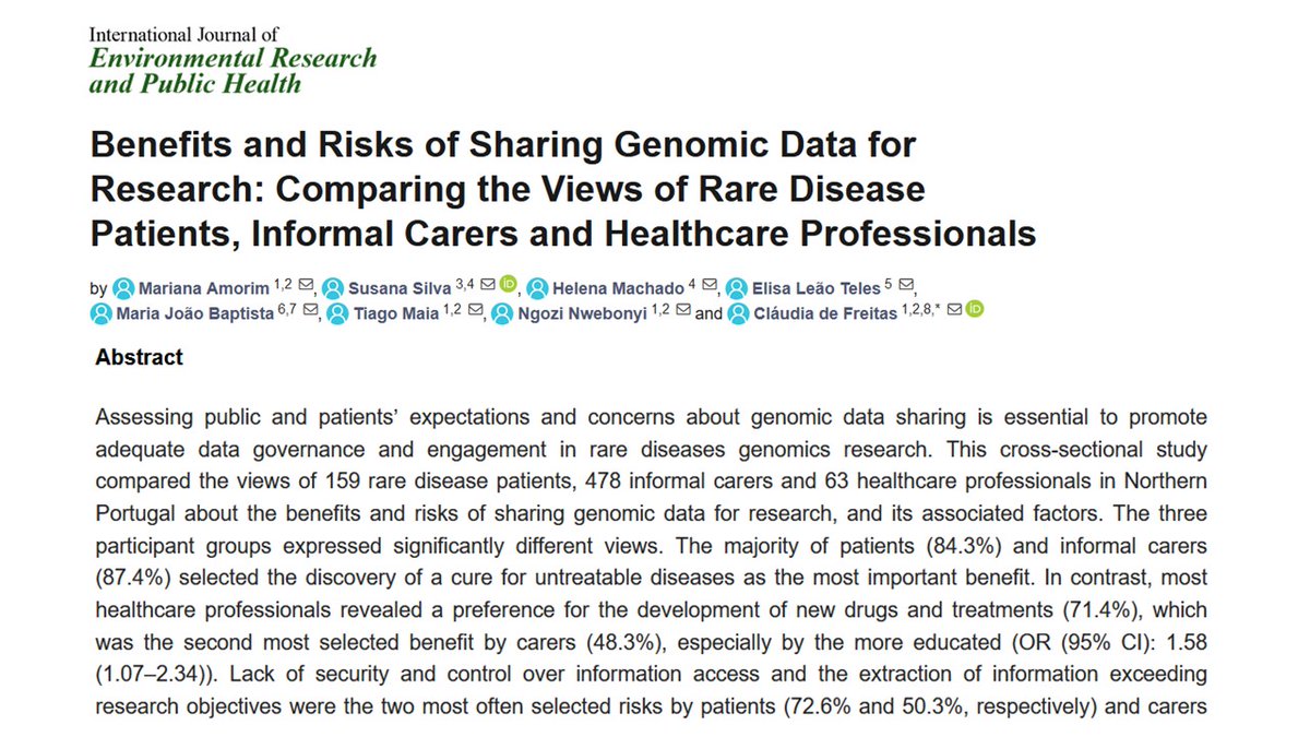 Our latest paper: Benefits and risks of genomic data sharing for research: the views of #RareDisease patients, carers and professionals @Amorim__Mariana @susilva_ispup @HelenaCFMachado @TiagoMMaia @NgoziPaschaline @c6defreitas #DATAGovproject @ISPUP mdpi.com/1732804