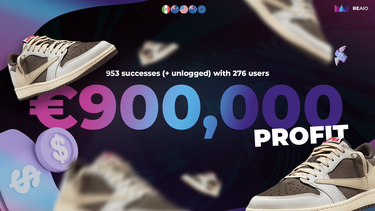 REAIO users destroyed ‘Travis Scott ‘ x AJ1 low SNKRS release. 276 users secured 953 pairs with €900,000 profit.💰 Users got success in SEA, EU, AU, NZ, CA, US and MX regions 🔁Retweet ♥️Like 🗣Tag one friend 🎁Prize: Lifetime key Public server.🏡 discord.gg/6x88WvNmQH