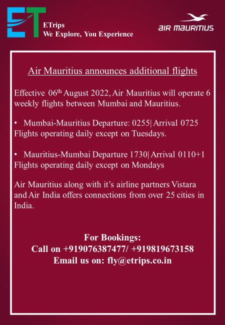 tushargm's tweet photo. Air Mauritius announces additional flights
Effective 06th August 2022, Air Mauritius will operate 6 weekly flights between Mumbai and Mauritius.

@airmauritius #airmauritius #travelupdates #ToursAndTravels #etrips #mauritiusexplored #connectingplaces https://t.co/gm9F0cQ2NT