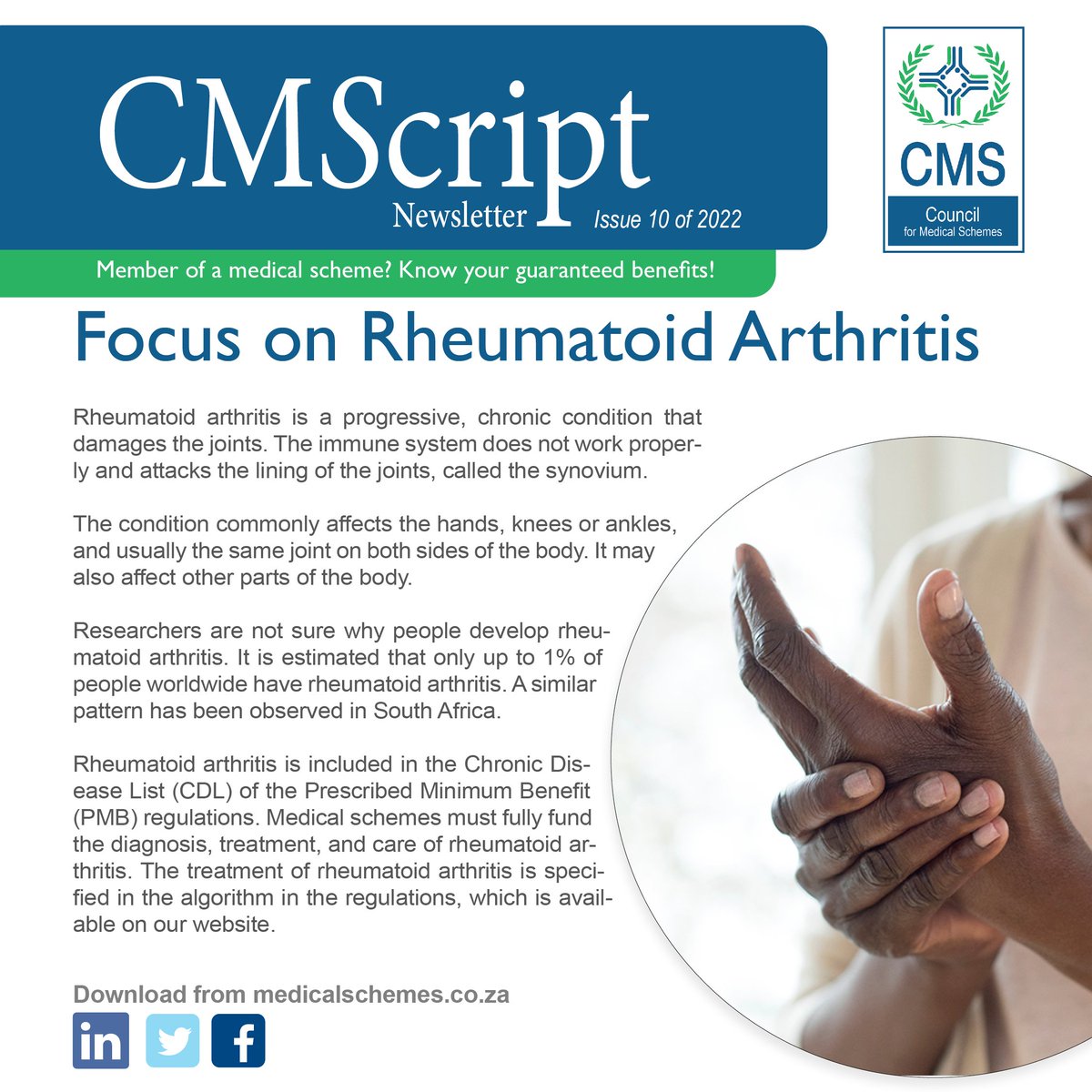 CMSCares4u's tweet photo. #CMScript: Focus on Rheumatoid Arthritis
It can be difficult to diagnose rheumatoid arthritis when the condition is in its early stages. #MedicalSchemes must fully fund the diagnosis, treatment, and care.
Read more: https://t.co/uXvIpqk7HO
#CMSCares4u #PMB https://t.co/X40QZLTiNv