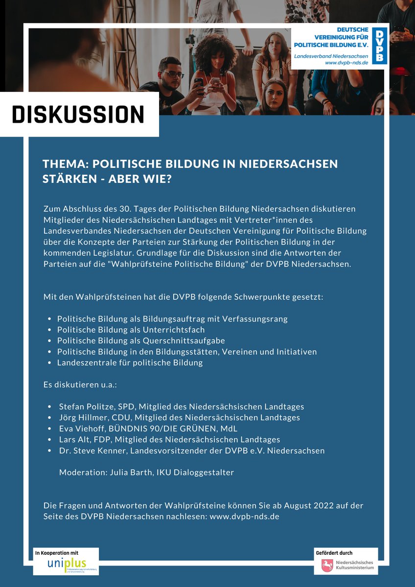 ❗️JETZT ANMELDEN❗️
15.09.2022 im Nds. Landtag
Wir feiern 30 Jahre Fachtag #PolitischeBildung Niedersachsen &amp; sind zur Feier des Tages im <a href="/LT_Nds/">Niedersächsischer Landtag (inaktiv)</a>. Es wird Impulse, Workshops &amp; eine Podiumsdiskussion mit MdLs geben! zsm. mit @uniplushannover - gefördert von @MKNiedersachsen