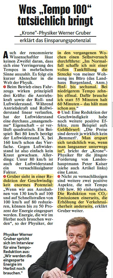 Physiker Werner Gruber erklärt in <a href="/krone_at/">Kronen Zeitung</a> was #Tempo100 statt 130 tatsächlich bringt. #Lesetipp