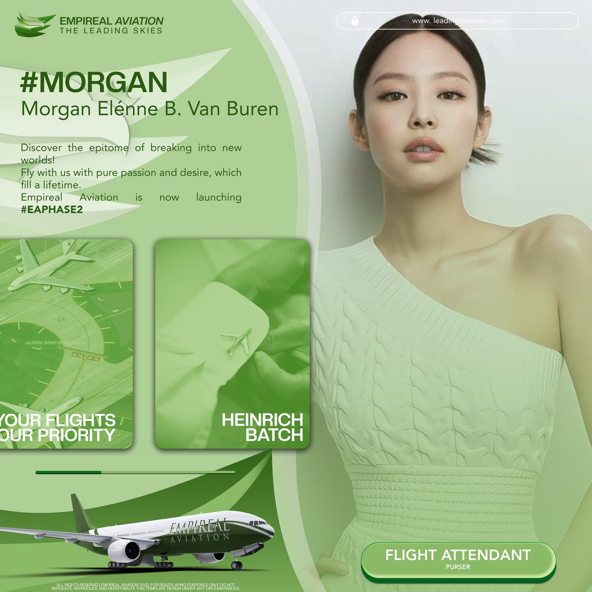 ㅤㅤ

Discover the epitome of breaking into new worlds! 

Fly with us with pure passion and desire, which fill a lifetime.

Empireal Aviation is now launching #EAPhase2.

I am Morgan Elénne B. Van Buren, ready to dream with you in capacity to achieve the impossible.ㅤㅤ

ㅤㅤ
