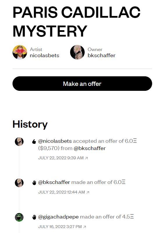 🦩📸PARIS CADILLAC MYSTERY📸🦩

Sold at 6eth, same ATH <a href="/SuperRare/">SuperRare</a> 

Merci de PARIS <a href="/bkschaffer/">Crypto_Mountain_Biker_MD</a> a amazing soul, friend and collector🥂💕🍾

Thanks too, <a href="/Giga_Chad_Pepe/">GigaChadPepe</a> 🐸for your offer, you're a legend to me💯

#NFTs #nftphotography <a href="/PalomarRo/">Paloma Rodriguez</a> 
superrare.com/artwork-v2/par…