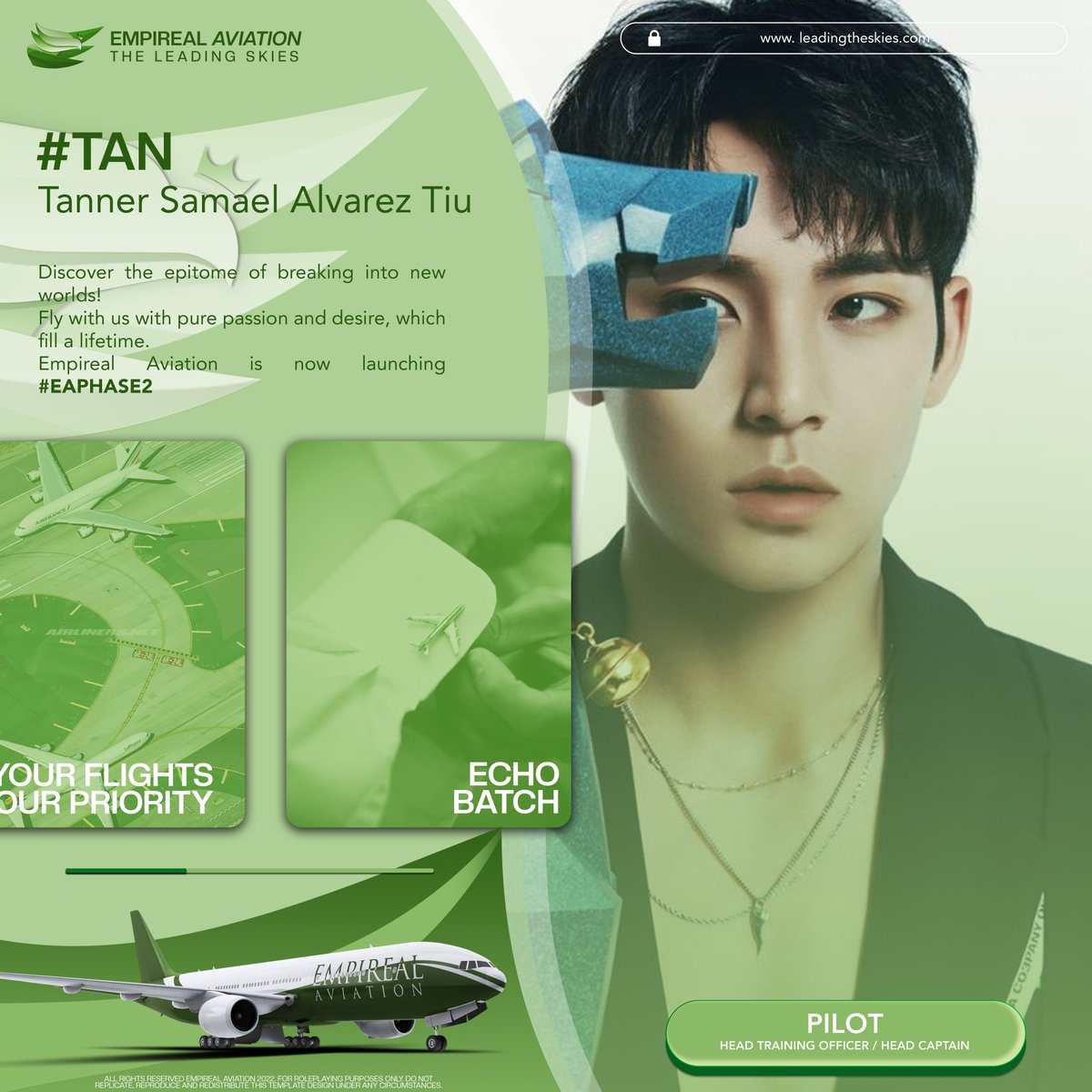 ⠀⠀
⠀⠀
Discover the epitome of breaking into new worlds! 

Fly with us with pure passion and desire, which fill a lifetime.

Empireal Aviation is now launching #EAPhase2.

I am Tanner Samael Alvarez Tiu, ready to dream with you in capacity to achieve the impossible. 
⠀⠀
⠀⠀