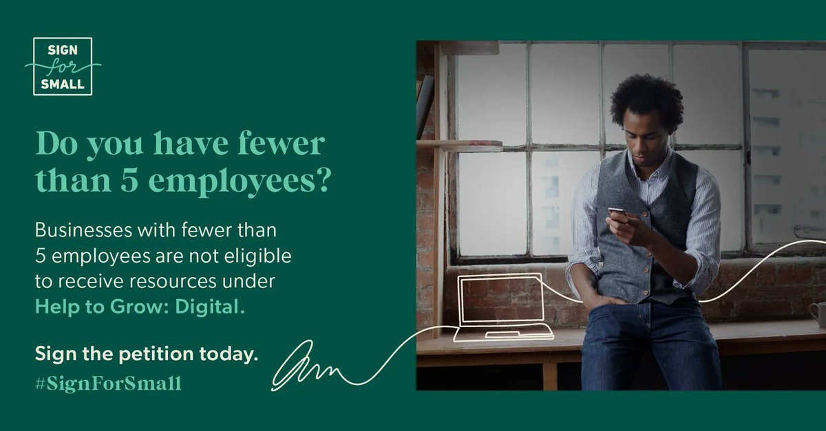 If you have fewer than 5 employees, you are currently ineligible to receive the #HelpToGrow Digital scheme’s resources. Sign the petition to lower the scheme’s eligibility criteria to include more small businesses like yours: signforsmall.uk #SignForSmall