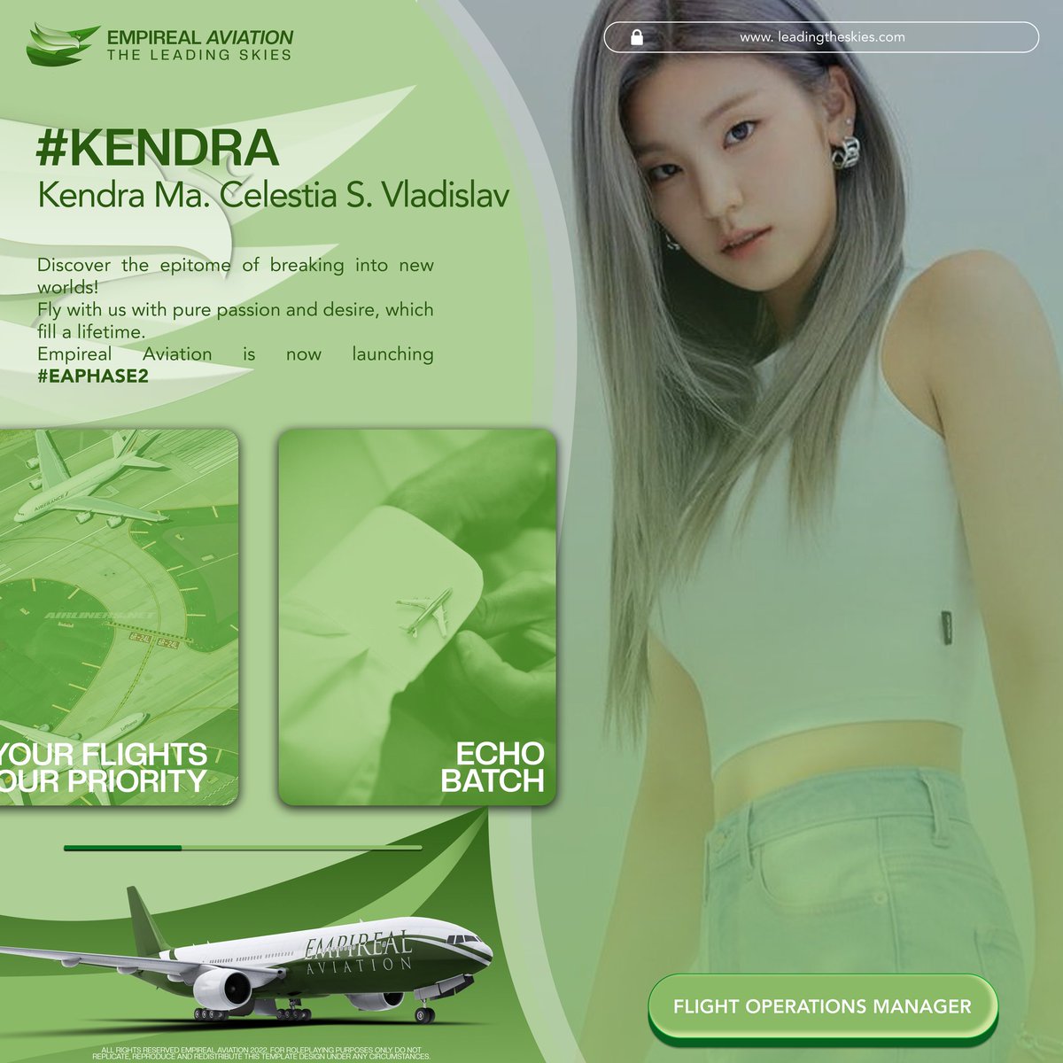 Discover the epitome of breaking into new worlds! 

Fly with us with pure passion and desire, which fill a lifetime.

Empireal Aviation is now launching #EAPhase2.

I am Kendra Ma. Celestia Vladislav, ready to dream with you in capacity to achieve the impossible.