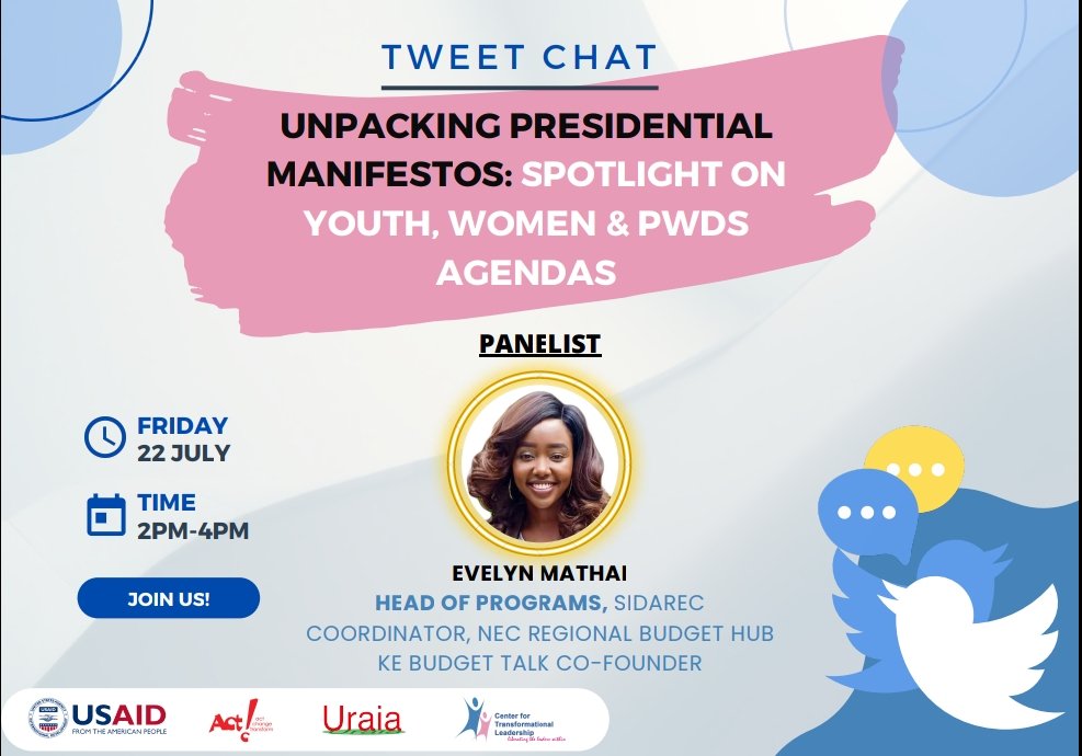 Have the presidential manifestos adequately addressed the needs of youth, women &amp; PWDs? 

Do they reflect understanding of their needs?

Are they practical?

Join us today. 

#KeBudgetTalk
#FollowTheMoney
#PresidentialElections2022 
#PresidentialDebatesKe2022 
#KenyaDecides2022
