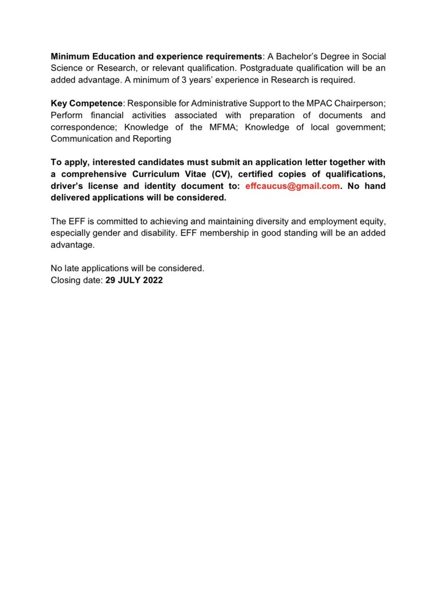 EFF_FreeState's tweet photo. [JOB VACANCY]: The EFF Free State is looking for a Municipal Public Accounts Researcher.

If this is you, apply NOW!
#EFFjobs https://t.co/ZqMx7Zmghx