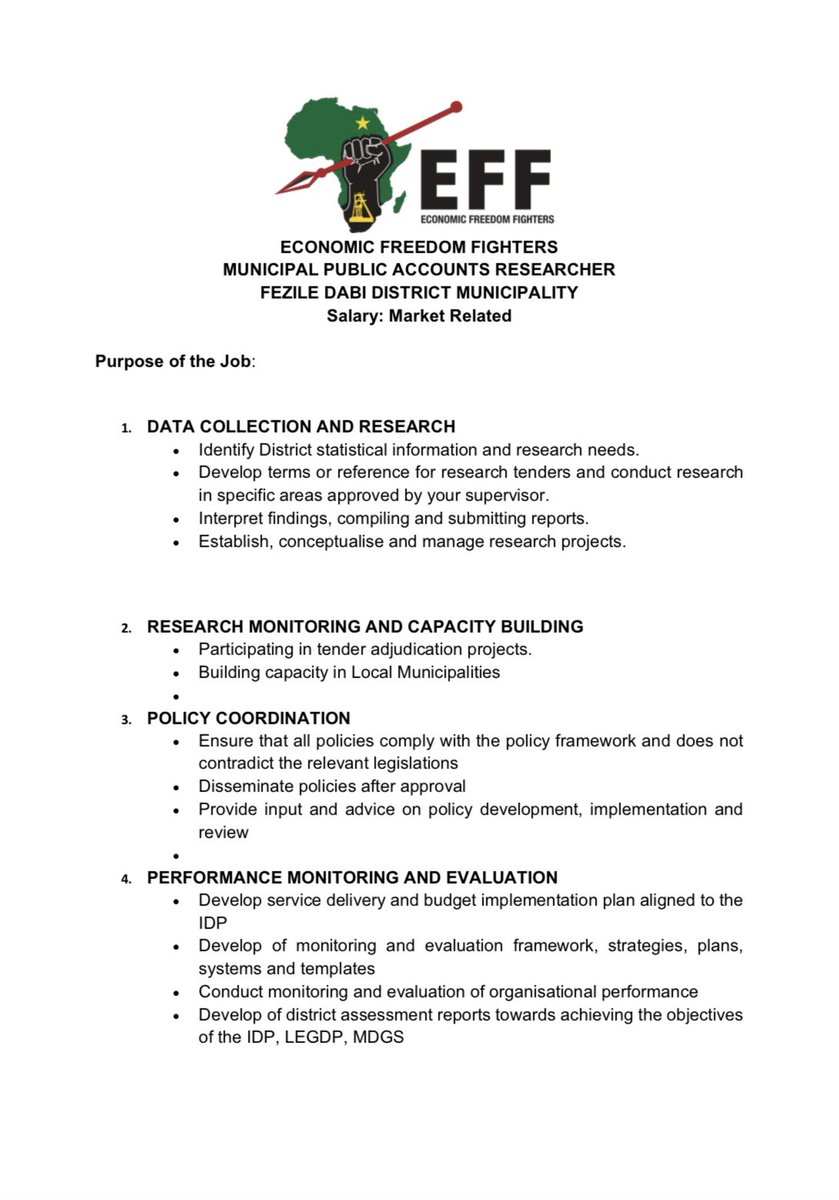EFF_FreeState's tweet photo. [JOB VACANCY]: The EFF Free State is looking for a Municipal Public Accounts Researcher.

If this is you, apply NOW!
#EFFjobs https://t.co/ZqMx7Zmghx