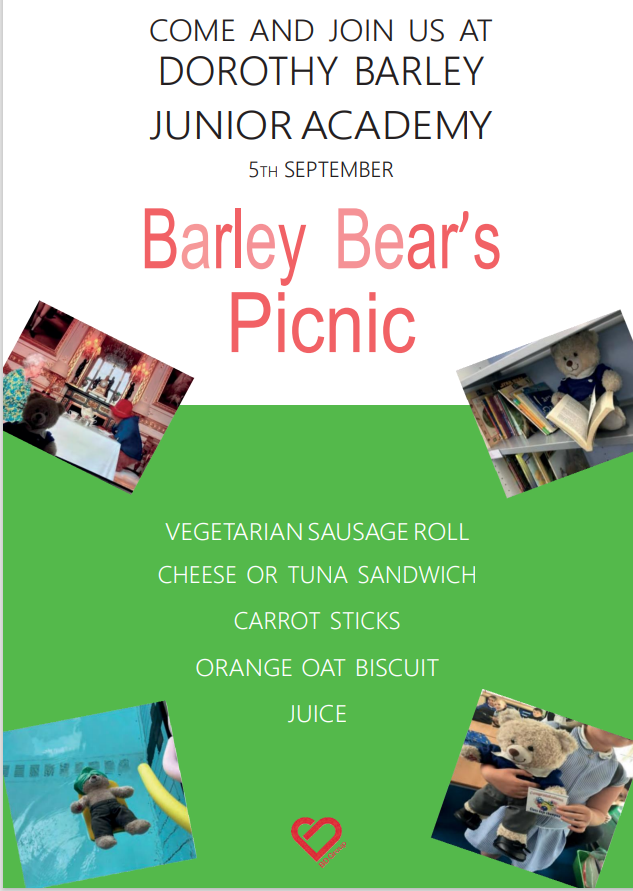 DBJSchool's tweet photo. SPECIAL ANNOUNCEMENT!
 On Monday September 5th, we will be celebrating Barley Bear's Picnic. As well as a lunch menu, children can join in by bringing in a soft toy to share the day. Barley is really excited to see all the children and their soft toys on the 5th September. https://t.co/Y21VPrcjiL