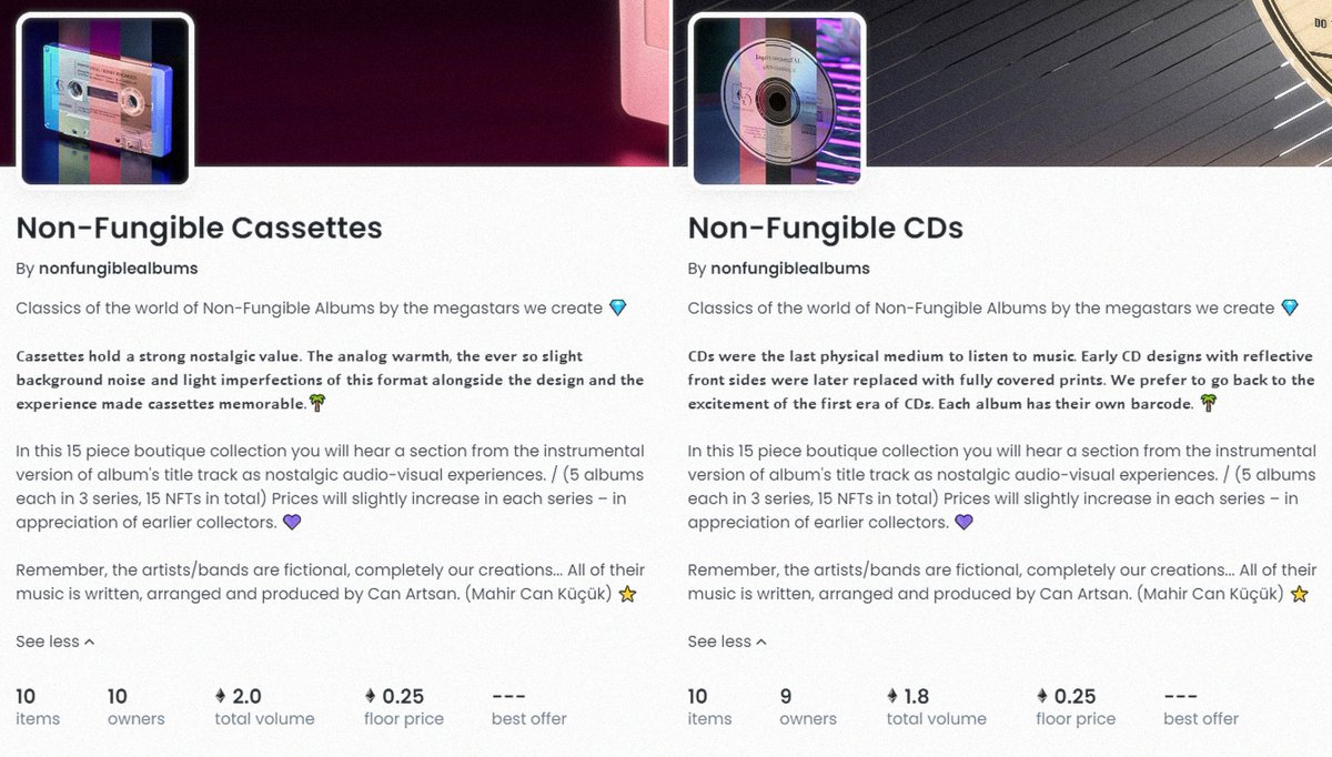 Happy Friday! 🌴

Non-Fungible Cassettes and Non-Fungible CDs are now "reviewed" collections on OpenSea and "by nonfungiblealbums" signs are added by the platform💎

This is the verification of originality for a boutique collection on OpenSea💙