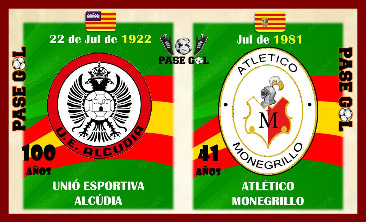 🥅 Felicitaciones
a los clubes españoles 🇪🇸 fundados en el mes de Julio. ⚽ Por muchos años más!!! 🏆  Día 22
<a href="/ue_alcudia/">UE Alcúdia</a>
<a href="/AtlMonegrillo/">Atlético Monegrillo</a>