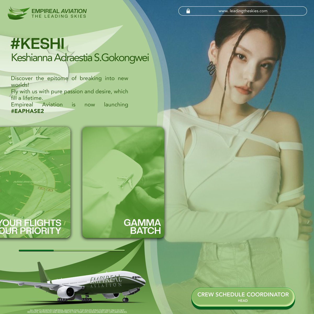 Discover the epitome of breaking into new worlds! 

Fly with us with pure passion and desire, which fill a lifetime.

Empireal Aviation is now launching #EAPhase2.

I am Keshianna Adraestia Sandoval-Gokongwei, ready to dream with you in capacity to achieve the impossible.