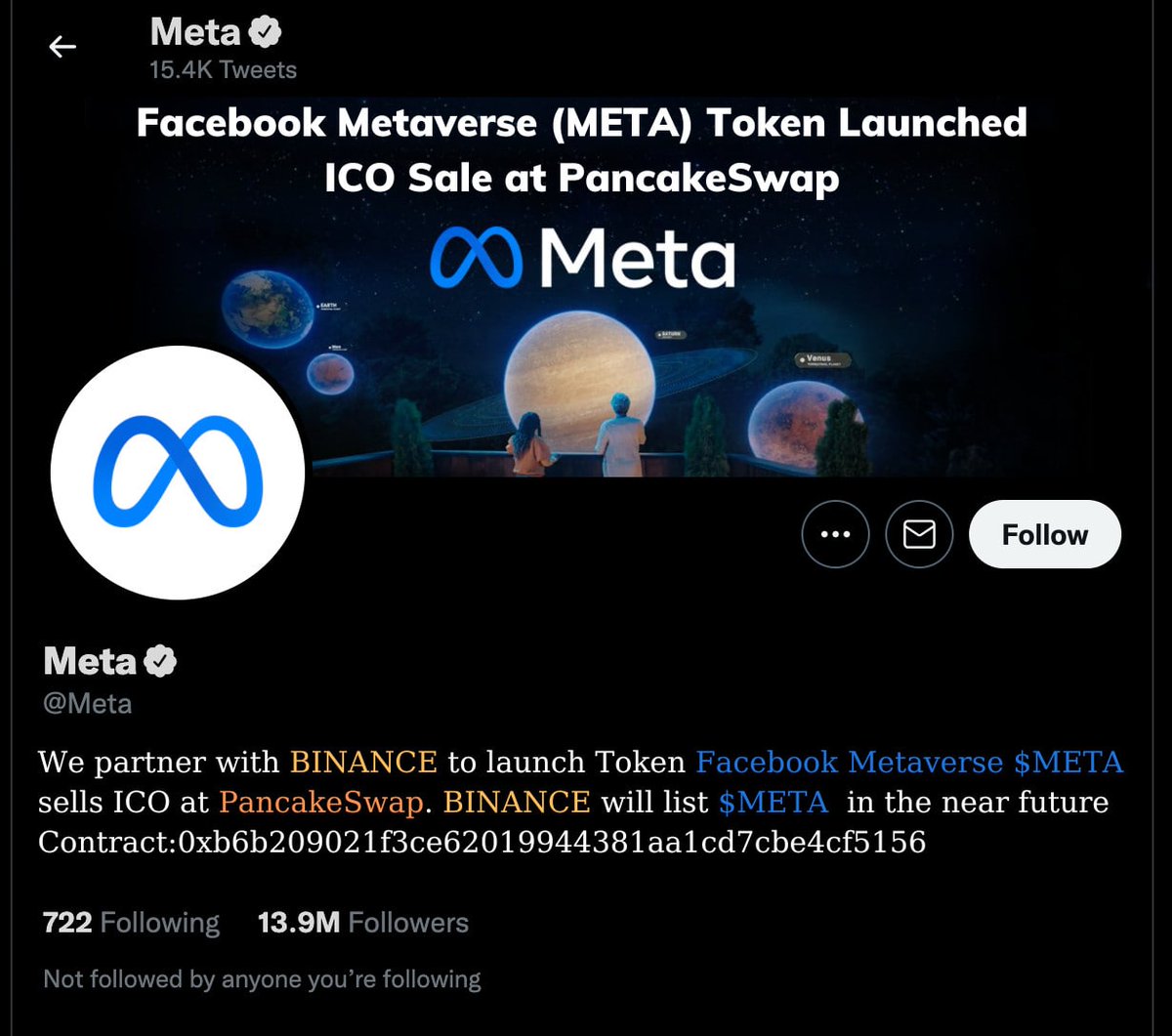 ElyJond's tweet photo. @rovercrc ⏰⏰⏰Last chance to own Facebook Metaverse ( $META) before listing all the biggest exchanges (Binance, coinbase...)

👉Buy $META ICO at PancakeSwap
🔗Contract: 0xb6b209021f3ce62019944381aa1cd7cbe4cf5156

#Facebook #META #Metaverse #Binance #Coinbase https://t.co/8RHkT7xTJq
