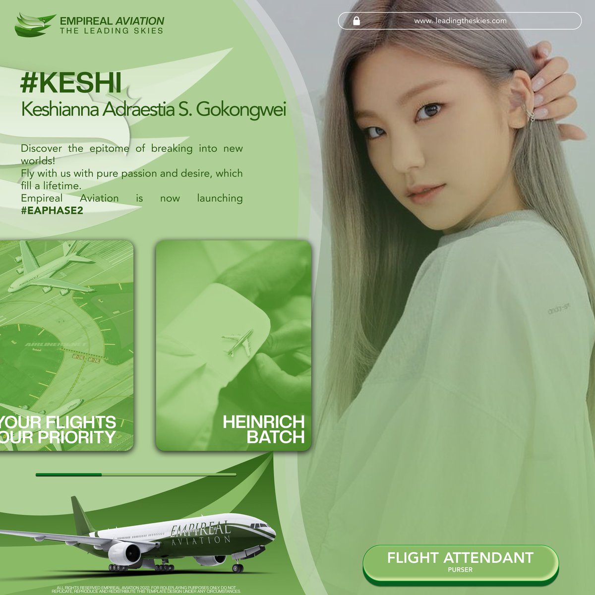 Discover the epitome of breaking into new worlds! 

Fly with us with pure passion and desire, which fill a lifetime.

Empireal Aviation is now launching #EAPhase2.

I am Keshianna Adraestia Sandoval-Gokongwei, ready to dream with you in capacity to achieve the impossible.