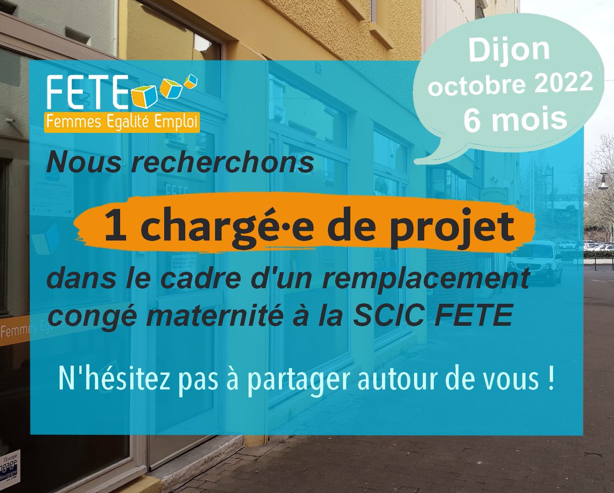 Dans le cadre d'un remplacement congé mat, la SCIC FETE recrute un·e chargé·e de projet au 3/10/22 😃 ; temps plein ; CDD 6 mois, à Dijon 👉 candidatures avant le 22/08 !
Toutes les infos sur l'offre ici : fete-egalite.org/index.php/page…
N'hésitez pas à partager autour de vous ! Merci 🙏