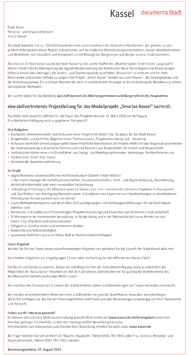 Die Stadt #Kassel sucht eine stellvertretende Projektleitung für das Modellprojekt „Smartes Kassel“ (w/m/d). Zu den Aufgaben gehört unter anderem das Erarbeiten, Weiterentwickeln und Evaluieren einer integrierten Smart City-Strategie für die Stadt. 
bit.ly/JobneuKS #Jobs