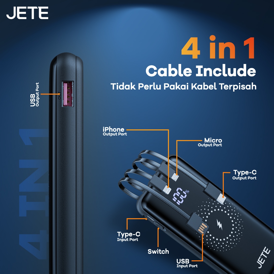 jeteindonesia's tweet photo. JETE Powerbank A10 memberikan kemudahan buat kamu yang sering males bawa kabel charger untuk ngecas nih. Powerbank A10 punya 4 cable include dengan kabel micro, type-c, dan lightning nih🥳
#JETE #JeteIndonesia #JeteLocalPride #Powerbank #PowerbankWireless #WirelessCharging https://t.co/Y7O8AzPloQ