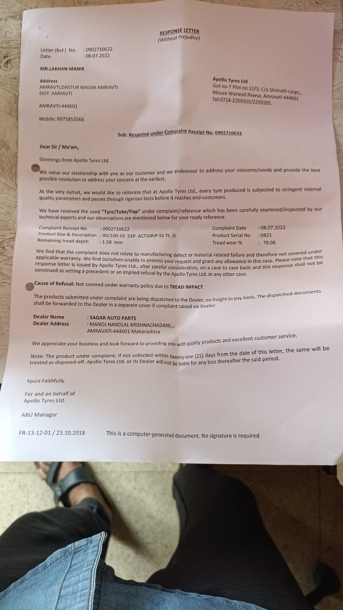 ankushraje's tweet photo. @apollotyres why you say you provide 3 yrs of replacement warranty to bike tyres in case of issues when don't you in actual. I'm having issue with an year old tyre but not getting it replaced. #fakecommitment @iamneerajkanwar @KanwarOnkar https://t.co/3RsWs5Jx69