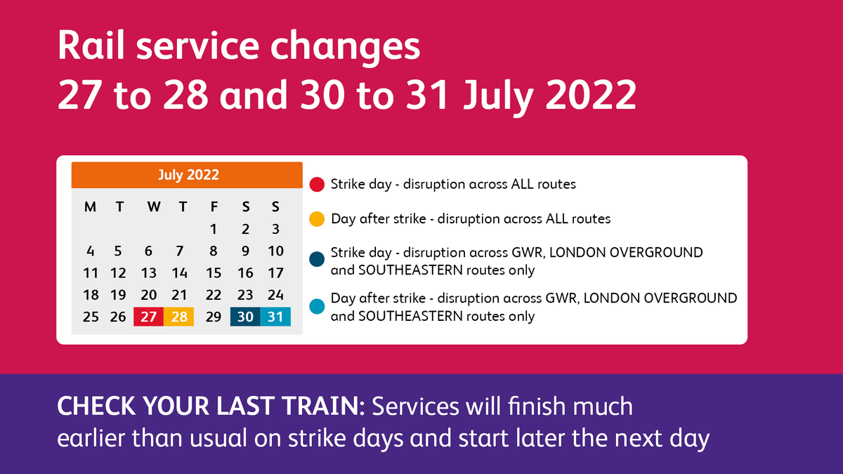 📢 Special timetables will be in operation on 27 & 30 July on all routes due to industrial action ℹ️ Only travel if it's essential ⏰ Check your journey at nationalrail.co.uk