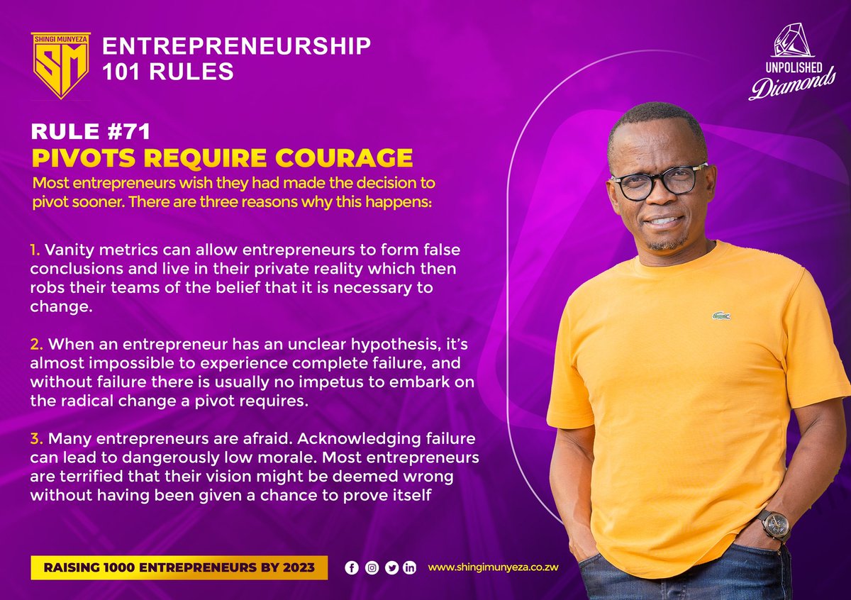 #ENTREPRENEURSHIP101RULES #71 PIVOTS REQUIRE COURAGE 1. The minimum viable project(MVP) changes as you implement, sometimes it actually opens a door for the real product, only if you have the courage to pivot! 2. “Shiri inozongofa!” 🤣🙈 #entrepreneurship #unpolisheddiamond