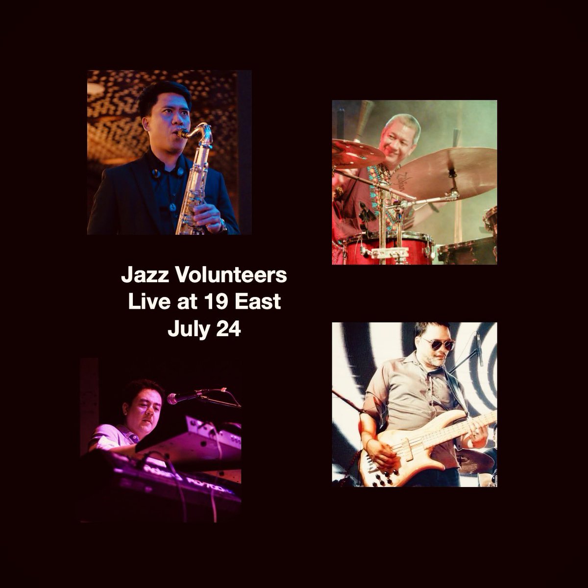 The Volunteers are back!  With Mar Dizon on drums, Rommel Dela Cruz on bass, and Michael Guevarra on sax.  See you.