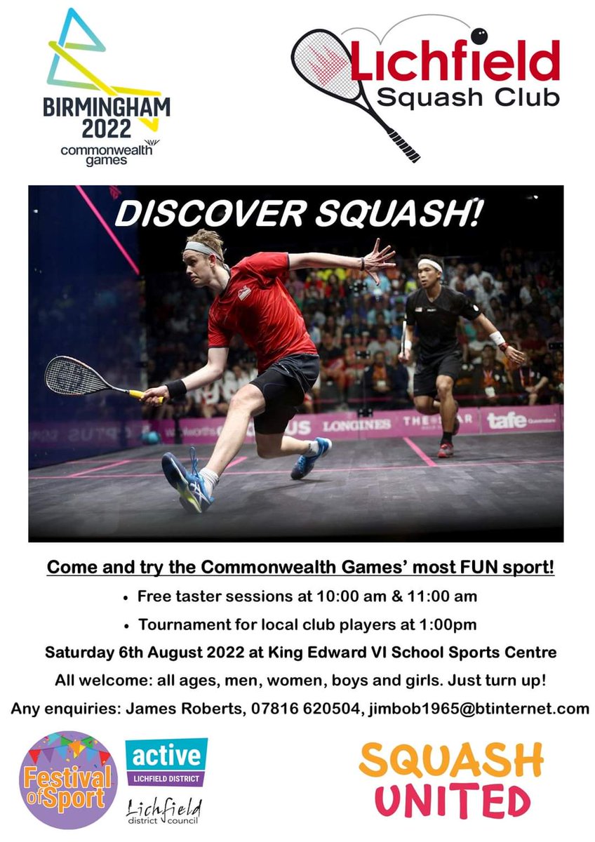 Lichfield Squash (@lichfieldsquash) on Twitter photo Come and try <a href="/birminghamcg22/">Birmingham 2022</a>'s most fun sport at our <a href="/ActiveLichfield/">Active Lichfield</a> Discover Squash event <a href="/keslichfield/">KES Lichfield</a> on Sat 06 Aug 10.00am or 11.00am. Free to attend, no booking, equipment provided, just show up ready to play. <a href="/Squash2022/">Squash United</a> #festivalofsport #SquashUnited #Birmingham2022 Come and try <a href="/birminghamcg22/">Birmingham 2022</a>'s most fun sport at our <a href="/ActiveLichfield/">Active Lichfield</a> Discover Squash event <a href="/keslichfield/">KES Lichfield</a> on Sat 06 Aug 10.00am or 11.00am. Free to attend, no booking, equipment provided, just show up ready to play. <a href="/Squash2022/">Squash United</a> #festivalofsport #SquashUnited #Birmingham2022