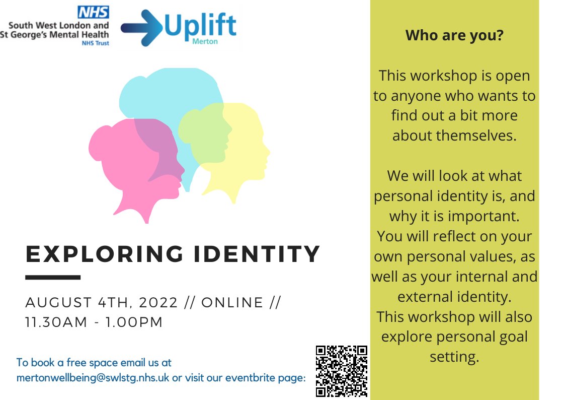 MertonWellbeing's tweet photo. If you want to find out more about yourself, join us for this free workshop: https://t.co/SWiQ7lhim9

#wellbeingworkshop #mertonuplift #merton #nhs #exploringidentity https://t.co/esNo94RZoQ