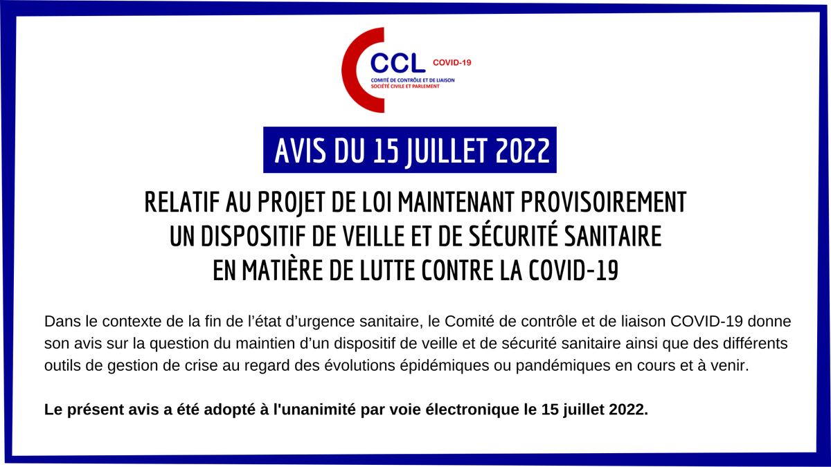 CclCovid's tweet photo. Dans son #avis du 15 juillet 2022, le Comité a formulé des recommandations concernant le projet de loi maintenant provisoirement un dispositif de veille et de sécurité sanitaire en matière de lutte contre la COVID-19.

Pour consulter l'avis : https://t.co/2xUvle8OGA https://t.co/GHcWpFNghf
