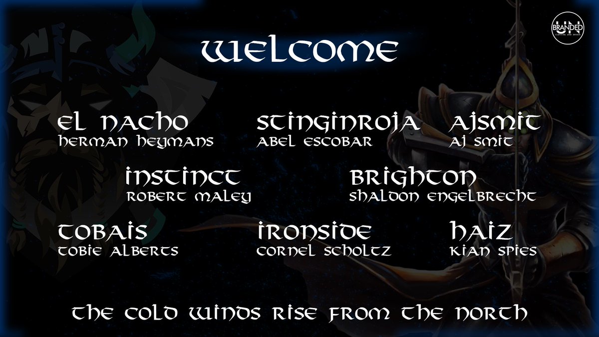 We would like to officially announce our new League of Legends academy roster:

<a href="/heymans_herman/">Herman Heymans</a> 
<a href="/stingstheroj/">Abel Escobar</a> 
<a href="/_AJSmit_/">NarwalJedi</a> 
@instinctadc 
Brighton
Tobais
Ironside
<a href="/KianSpies/">Kian Spies 🤙</a> 

Welcome to the battlefield!!

<a href="/UNBrandedMFG/">UNBranded</a> 

#XvGSA #thecoldwindsrisefromthenorth