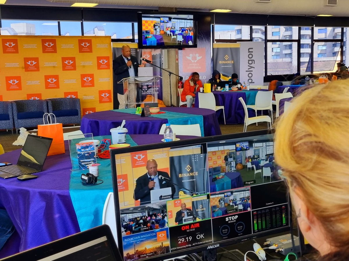 UJLibrary's tweet photo. BLOCKCHAIN INNOVATION: Bootcamp & Hackathon DAY 3 taking place at the University of Johannesburg: Library Chinua Achebe Auditorium.
Keynote Speaker: @SandiBitenc talking about NFT-based internet connectivity with @3aircrypto.
#UJHackathon #UJBlockChainHack https://t.co/sX1YTdgILZ