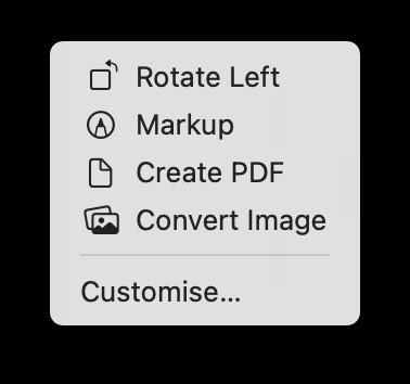 #macOStips

Если вы страдали от того, что надо как-то конвертировать картинку gif → jpg, png → jpg и так далее, в последних версиях macOS появилась встроенная функция:
Правый клик → quick actions → Convert image