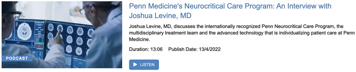 Listen to Dr. Josh Levine discuss Neurocritical Care  <a href="/PennMedicine/">Penn Medicine</a> <a href="/PennNeurology/">University of Pennsylvania Neurology</a> <a href="/PennNSG/">Penn Neurosurgery</a> 

⏯️bit.ly/3oldJmz

<a href="/oneDRwoman_/">@oneDRwoman</a>  <a href="/phillyneuron/">Joshua Levine</a> <a href="/atulkalanuria/">Atul Kalanuria</a> <a href="/AndrewKofke/">Andrew Kofke</a> <a href="/DSandsmarkMDPhD/">Danielle Sandsmark</a> <a href="/RamaniBalu1/">Ramani Balu</a> <a href="/RamchandPreethi/">preethi ramchand</a> <a href="/rkchoi/">Richard Choi, DO, FNCS</a> <a href="/sashkind/">Sasha Yakhkind</a> <a href="/MSE_MD/">Mikel Shea Ehntholt</a> @AANMember <a href="/NeurocritCareJ/">Neurocritical Care</a>