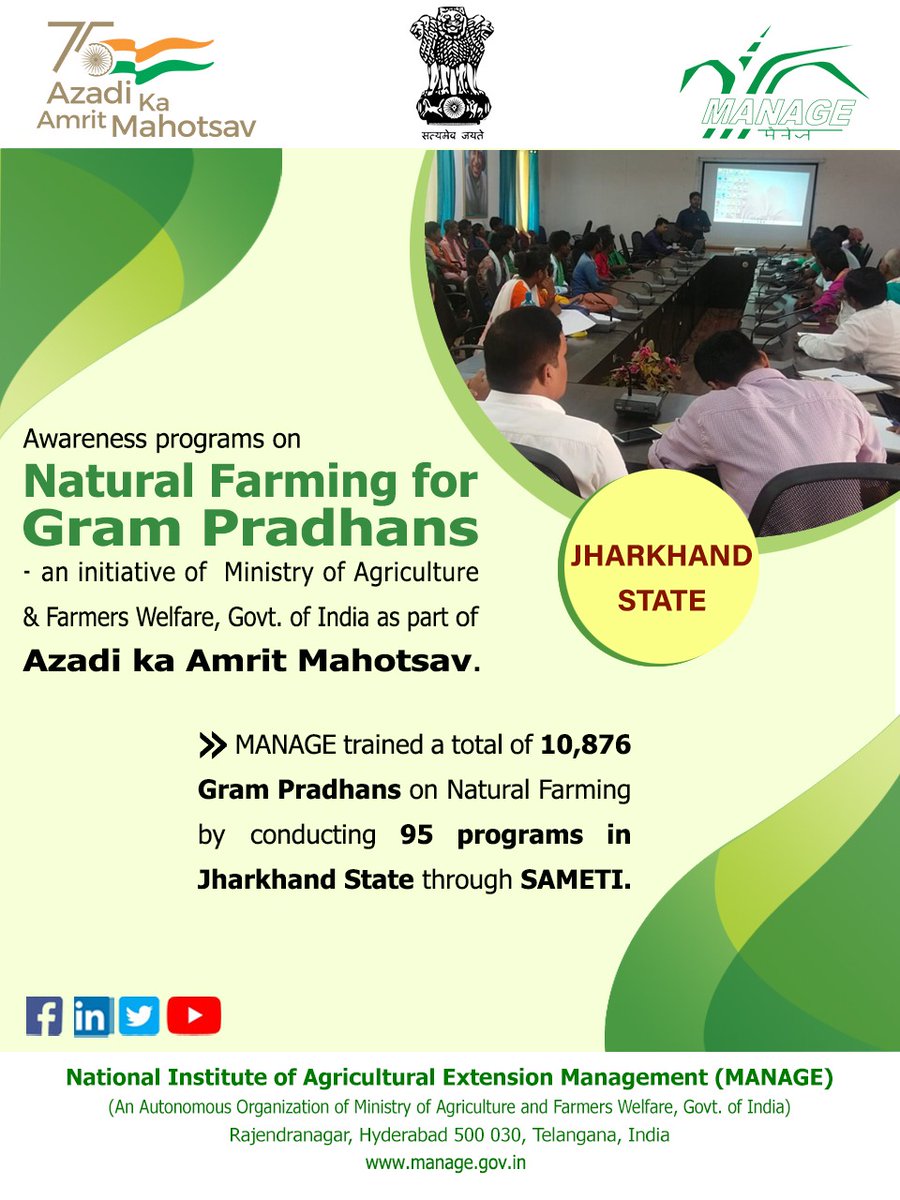 ManageHyd's tweet photo. Awareness programs on Natural Farming for GramPradhans an initiative of @AgriGoI as part of #AzadiKaAmritMahotsav 

#MANAGE trained a total of 10,876 #GramPradhans on #NaturalFarming through 95 programs in #Jharkhand state through #SAMETI 

@chandraagri #chemicalfree https://t.co/BKsnlIV06S