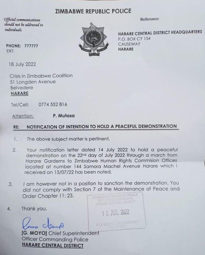 NewZimbabweCom's tweet photo. Just In: @PoliceZimbabwe ban a @crisiscoalition  protest against the deteriorating human rights situation in the country that was slated for today 22 June. https://t.co/3LtZ141mgw
