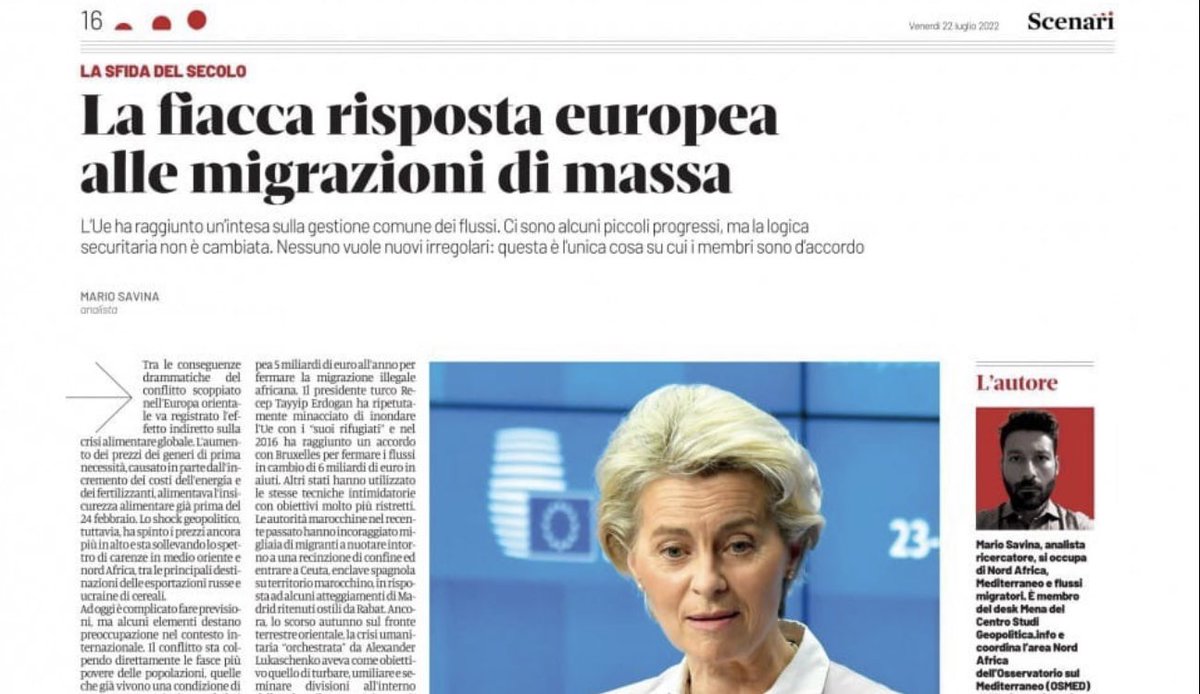 🗞🗞Oggi in edicola su #Scenari <a href="/DomaniGiornale/">Domani</a> un mio articolo su rapporto crisi alimentare-flussi migratori, difficoltà #UE nella gestione dei #migranti e loro utilizzo da parte di attori esterni come arma
Ringrazio <a href="/StefanoFeltri/">Stefano Feltri</a> <a href="/mattiaferraresi/">Mattia Ferraresi</a> per lo spazio
<a href="/Geopoliticainfo/">Geopolitica.info</a>