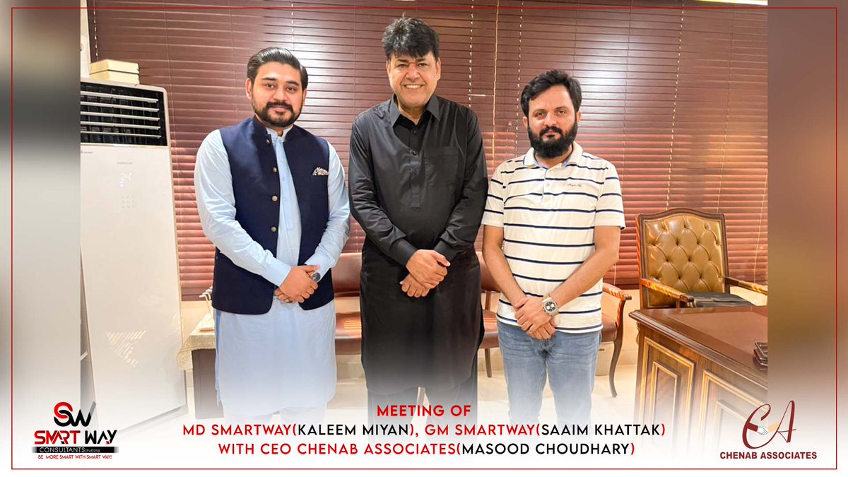 PvtSmartway's tweet photo. Productive meeting of MD Smartway(Kaleem Miyan), GM Smartway(Saaim Khattak) with CEO Chenab Associates(Mohammad Masud Chaudhry) regarding the upcoming event.

Come and join us

Date: 28th  July 2022
Time: 5:00 PM sharp
Venue: Aura Grande Enclave, E-11/4, Islamabad

#SMARTWAYXGFS https://t.co/cwztEP5HY5