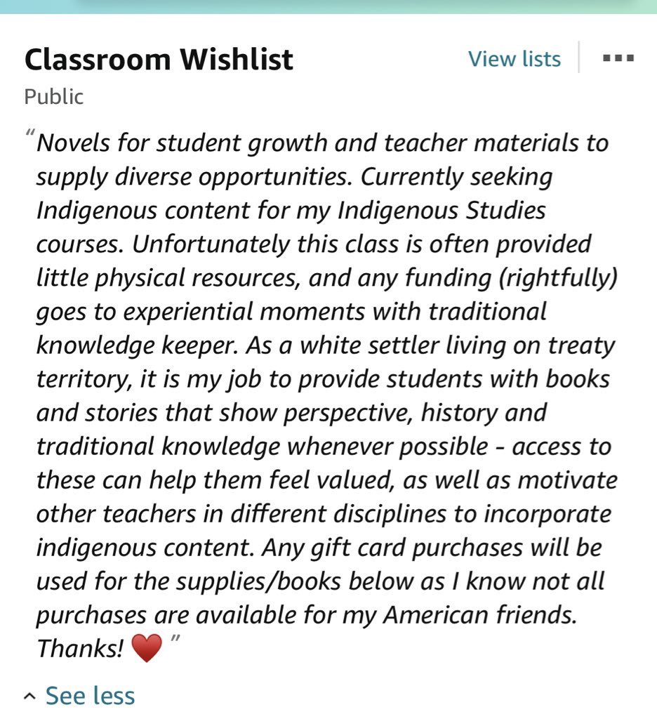 <a href="/FindingQueso/">Mo Garcia</a> HS students need love too! If you’re interested in helping fund a BIPOC history program, any support would help! Gift cards are great if you are unable to help with the larger items!
•22 items remain
 #AdoptATeacher #teachertwitter #clearthelist

amazon.ca/hz/wishlist/ls…
