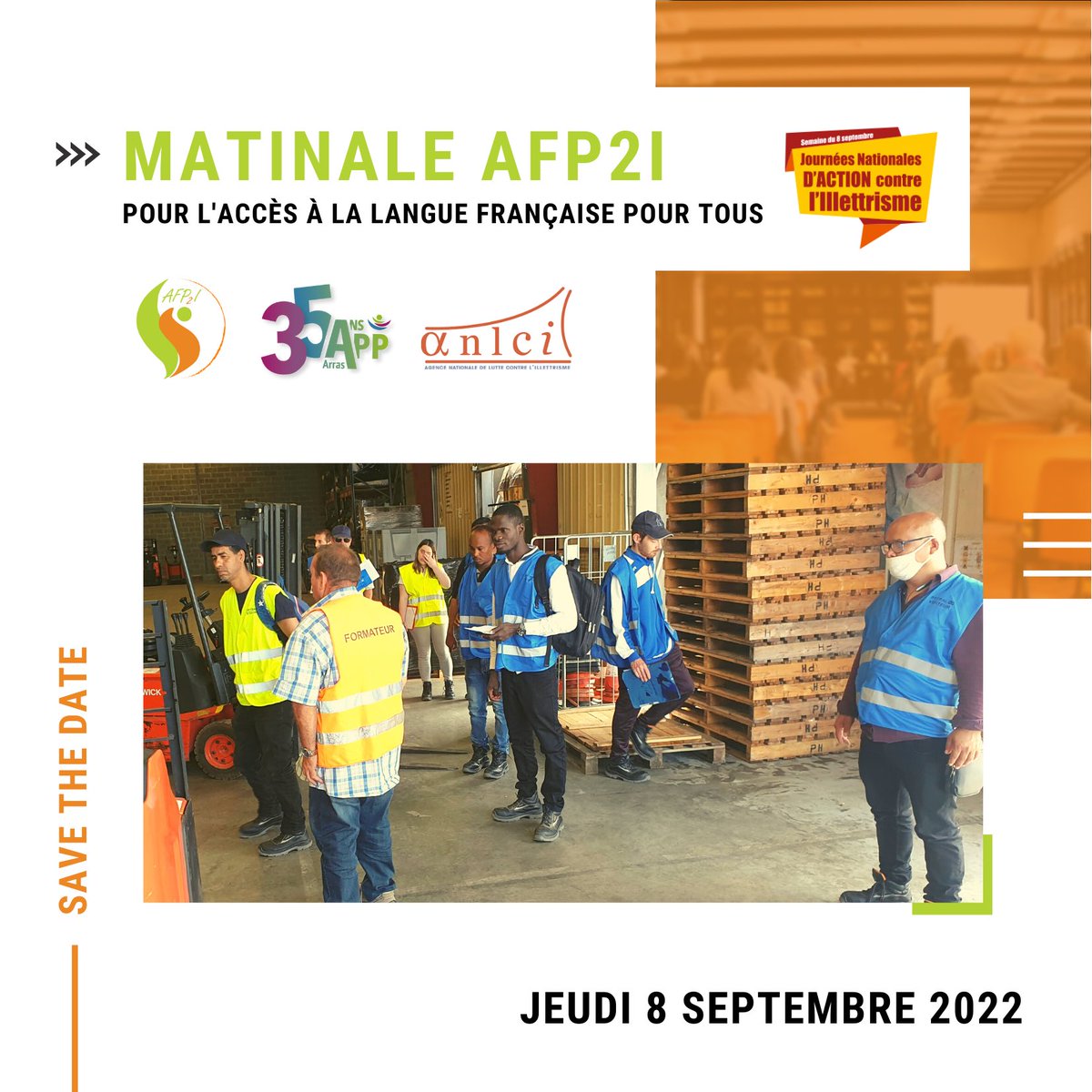 AFP2i's tweet image. Matinale d’accès à la langue française pour tous ! 👥

ℹ️ 8 septembre 2022 à 8h30 (2 Rue Gustave Eiffel, à Arras)

👉  forms.office.com/r/cKPnFaKJUu

#JNAI #ANLCI