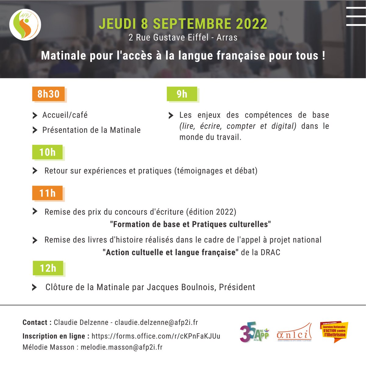 AFP2i's tweet image. Matinale d’accès à la langue française pour tous ! 👥

ℹ️ 8 septembre 2022 à 8h30 (2 Rue Gustave Eiffel, à Arras)

👉  forms.office.com/r/cKPnFaKJUu

#JNAI #ANLCI