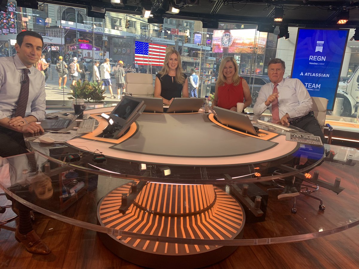 MonicaMalpass's tweet photo. Winning teams at the Nasdaq! Great saying hi today to the Squawk Box team broadcasting next to me. CNBC’s Andrew Sorkin, Rebecca Quick&amp; Joe Kernan do a great job. So does our crew: Jane, Bob, Jim, &amp;Marc. Plus legendary teams from Microsoft, Google, Starbucks &amp;more! #broadcast https://t.co/SB5iUcfaVa