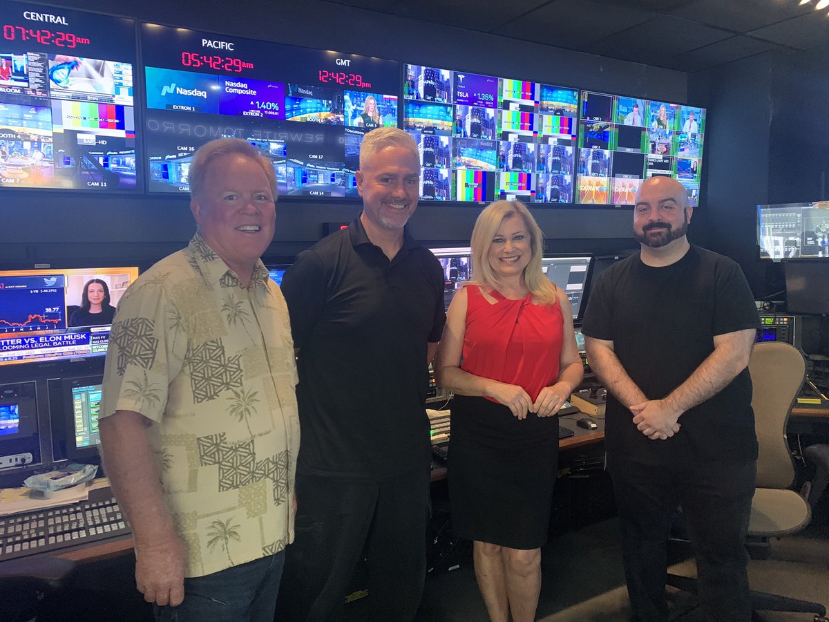 MonicaMalpass's tweet photo. Winning teams at the Nasdaq! Great saying hi today to the Squawk Box team broadcasting next to me. CNBC’s Andrew Sorkin, Rebecca Quick&amp; Joe Kernan do a great job. So does our crew: Jane, Bob, Jim, &amp;Marc. Plus legendary teams from Microsoft, Google, Starbucks &amp;more! #broadcast https://t.co/SB5iUcfaVa