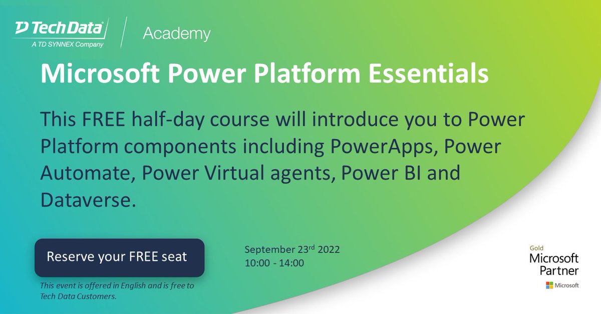 Microsoft <a href="/MSPowerPlat/">Microsoft Power Platform</a> essentials training, free half day course for Tech Data customers. Registration open academy.techdata.com/uk/training/co… @TechDataUK <a href="/TechDataCloud/">Tech Data Cloud</a>