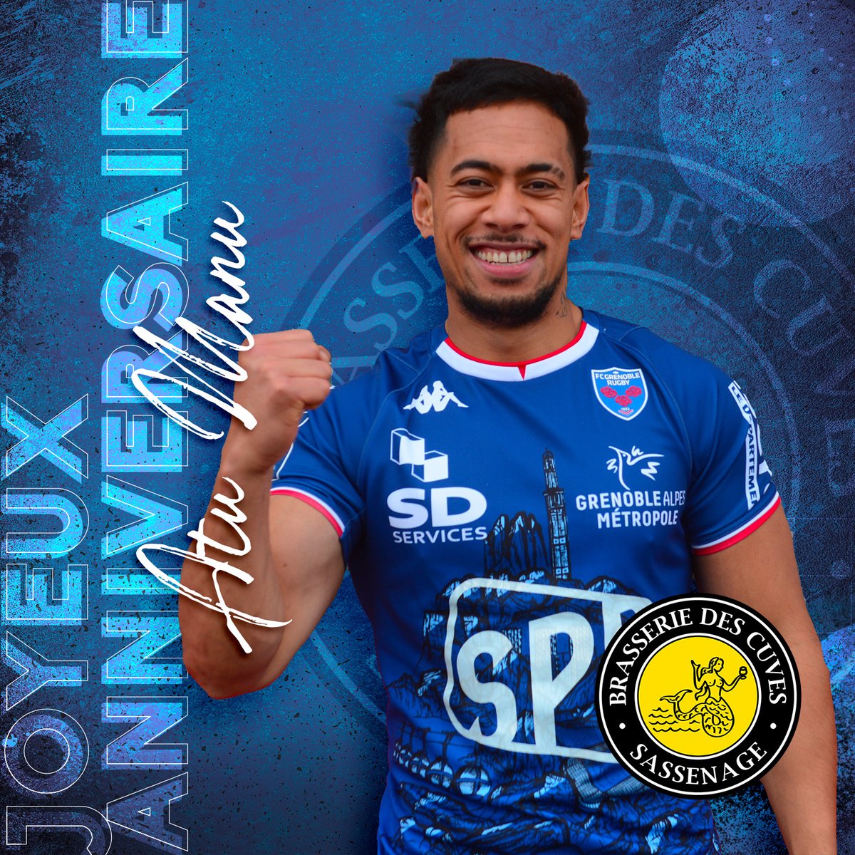 FCGrugby's tweet photo. En ce 24 juillet, le FCG et la Brasserie des Cuves s'associent pour souhaiter un joyeux anniversaire à Atu Manu ! 🥳 https://t.co/C0yCd7jASU