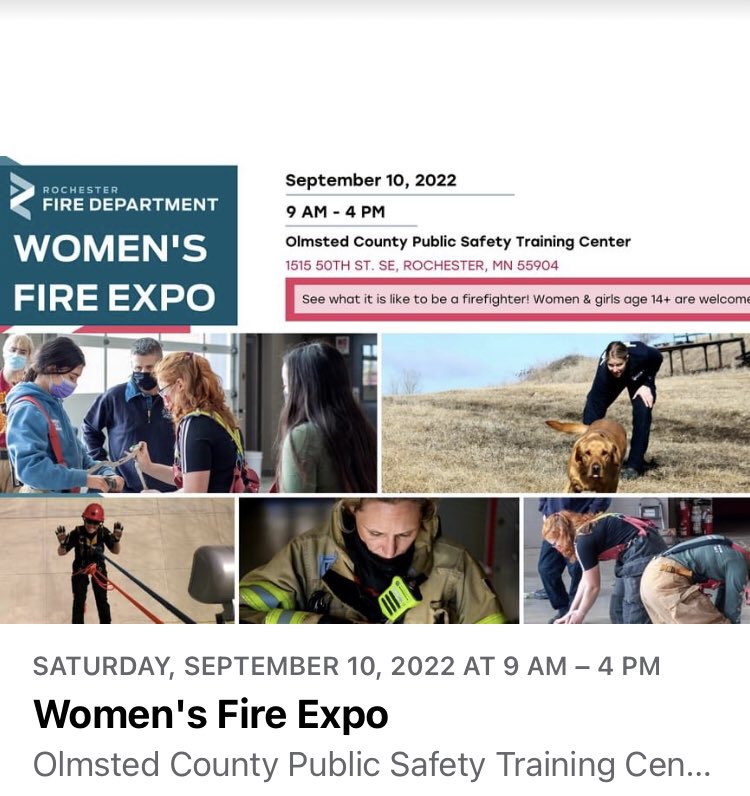 EricPohl9's tweet photo. Rochester Fire Dept. is hosting a Women’s Fire expo!  Anyone interested in become a firefighter or interested in seeing &amp; trying out what these brave people do on a daily basis should attend! Email Mande Marx at amarx@rochestermn.gov with your name and age if you’ll be attending. https://t.co/mSwM5tmE0x