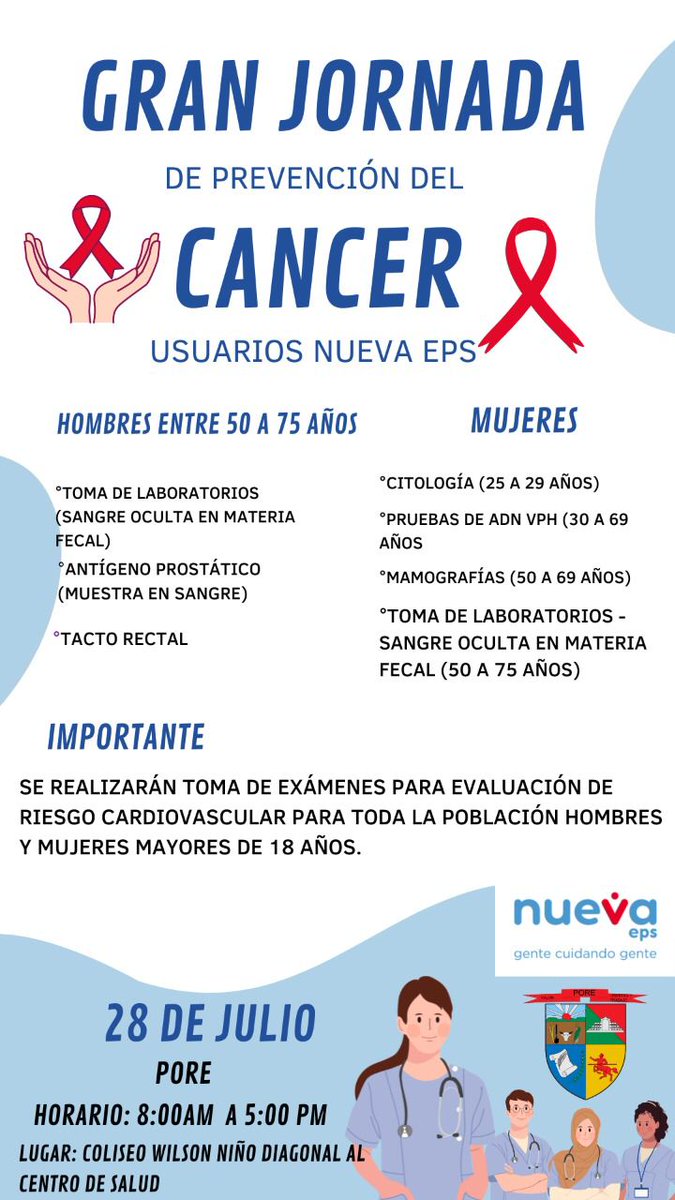 ¡𝐉𝐨𝐫𝐧𝐚𝐝𝐚 𝐝𝐞 𝐏𝐫𝐞𝐯𝐞𝐧𝐜𝐢𝐨́𝐧 𝐝𝐞𝐥 𝐂𝐚́𝐧𝐜𝐞𝐫! 🤲
Gran convocatoria a todos los usuarios de Nueva Eps este 28 de julio a partir de las 8:00 a.m. a una importante jornada de prevención del Cáncer.
Puntos de atención:
🔻Coliseo José Wilson Niño
🔻Centro de Salud