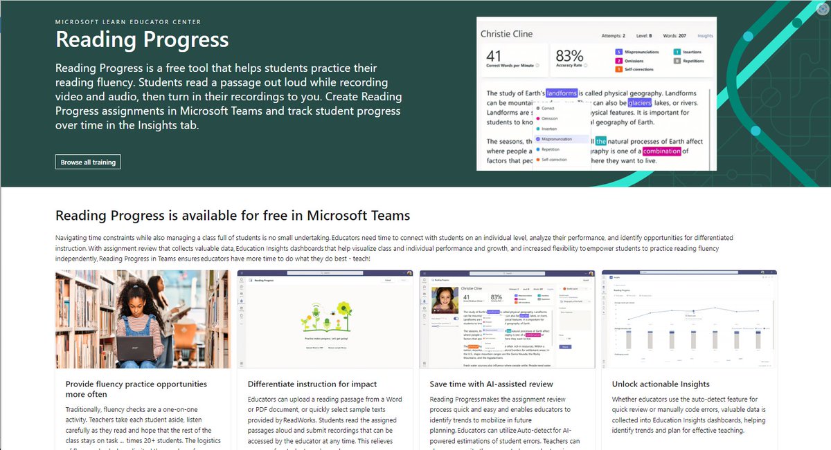 mtholfsen's tweet photo. Looking to dive in to Reading Progress in #MicrosoftTeams this school year to improve student fluency? Check out our new page on MS Learn 🌳 Chock full of resources, a MEC course, videos, and more 📖

Link 🔗 https://t.co/ZIaPhWLRi3

#edtech #cpchat #MIEExpert #MicrosoftEDU https://t.co/4qqWEqzL5N