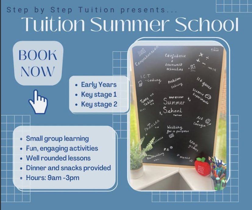 MrsWhitehead28's tweet photo. Do you want to keep your child’s learning fresh over the summer?
Summer school will run from 9-3 and will consist of fun learning across the whole curriculum, alongside team building and learning new skills. Lunch will be provided along with snacks and all for just £30 a day! https://t.co/YqUordLTjr